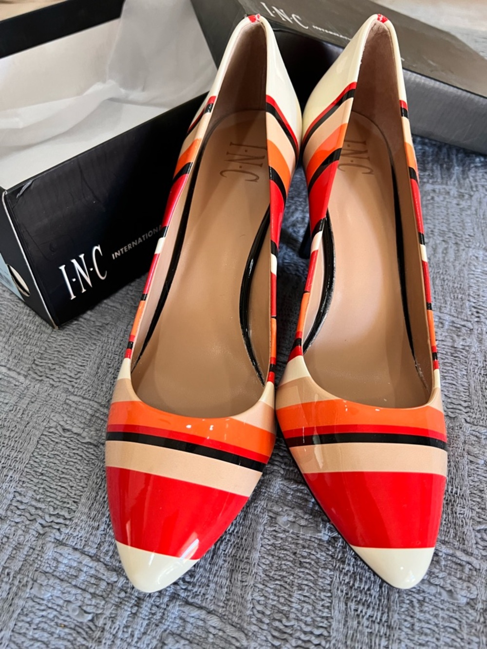 INC International Concepts Red, Orange, Cream Striped Pointed-Toe Heels